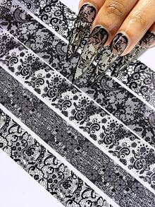 10pcs/Box Black Lace Nail Transfer Paper - Gothic Style Floral Mesh Lace Nail Design, Cute Y2K Charming Nail Art Decoration, Nail Salon Accessories, Nail Supplies (Non-Stick) - Multicolor - View 4