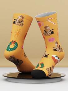 1 Pair Customized Face Print Funny Mid-Calf Socks For Women And Men, Personalized Printed Socks With Handsome Guys And Pretty Girls Images, Customized Mid-Calf Socks For Couples, Suitable For Valentine's Day, Birthdays And Other Occasions - Green - View 2