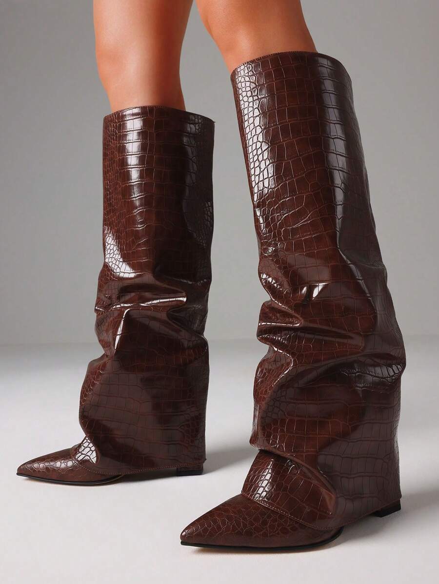 Heel Knee High Shark Boots For Women Fold Over Ruched Slouchy Pleated Knee High Black Boots With Pointed Toe Pull On Long Boots Women Mid Calf Boots Christmas Gift Brown Boots