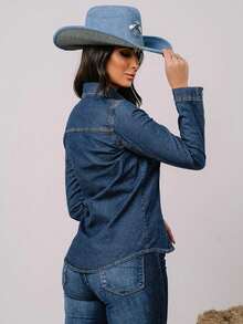 Basic Women's Denim Shirt - Rửa tối - Xem 2