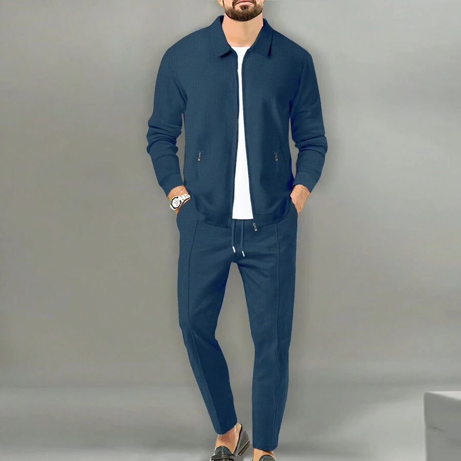 New Spring And Autumn Men's Outdoor Casual Jacket Zipper Shirt Jacquard Overcoat Trousers Suit