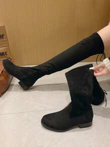 2025 Herbst und Winter Damen Overknee Stiefel Schwarz Party Stil Stretch Wildleder Leder Riemen, passend für Valentinstag, Schulanfang, Dates, Partys, Pendeln, Einkaufen - Schwarz - Übersicht 3