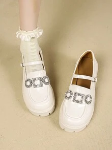 女士象牙色圆头粗跟玛丽珍鞋，镶有水钻，适合春秋季节 - 白色 - 查看 2