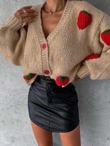 New Autumn And Winter Fashionable Sweet And Gentle Strawberry Decorated Lantern Sleeve Women's Cardigan,Long Sleeve Tops