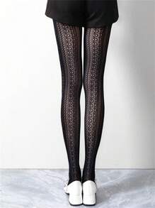 潮流春夏洛丽塔风格蕾丝镂空渔网连裤袜，女士薄款刺绣网眼紧身裤 - 黑色 - 查看 4