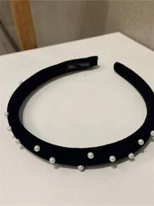 1pc Women's Black Studded Velvet Headband With Bead Decoration, Perfect For Matching With And Coats In Autumn And Winter, Elegant And Versatile With Faux Pearl Embellishment,Hairband,Hair Hoop,Hair Accessories Headbands Head Accessories - Black - View 2