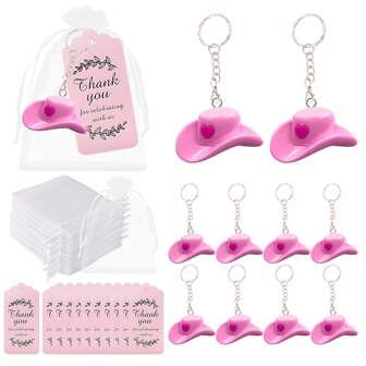 30 个粉色可爱帽子钥匙扣，包括 10 顶粉色爱心牛仔帽、10 张粉色卡片纸和 10 个白色网袋，适合创意礼物钥匙扣、包、吊坠、生日派对礼物、生日、婚礼、狂欢节等。