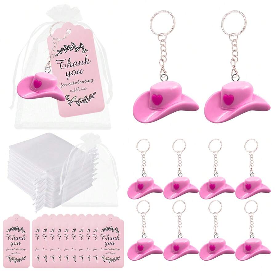 30 个粉色可爱帽子钥匙扣，包括 10 顶粉色爱心牛仔帽、10 张粉色卡片纸和 10 个白色网袋，适合创意礼物钥匙扣、包、吊坠、生日派对礼物、生日、婚礼、狂欢节等。