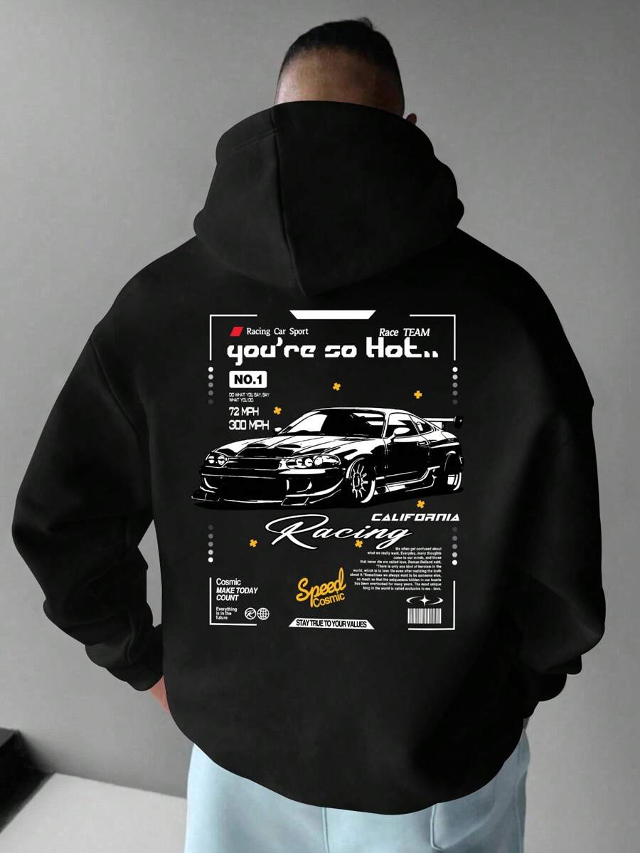 Men's Racing Graphic Printed Casual Active Pullover Hoodie Sweatshirt - Black - View 1
