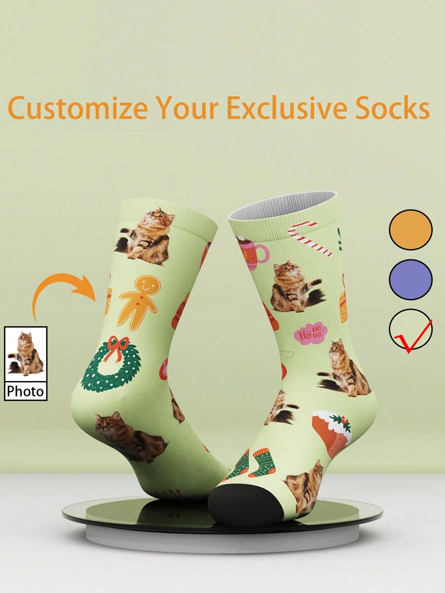 1 Pair Customized Face Print Funny Mid-Calf Socks For Women And Men, Personalized Printed Socks With Handsome Guys And Pretty Girls Images, Customized Mid-Calf Socks For Couples, Suitable For Valentine's Day, Birthdays And Other Occasions - Green - View 1