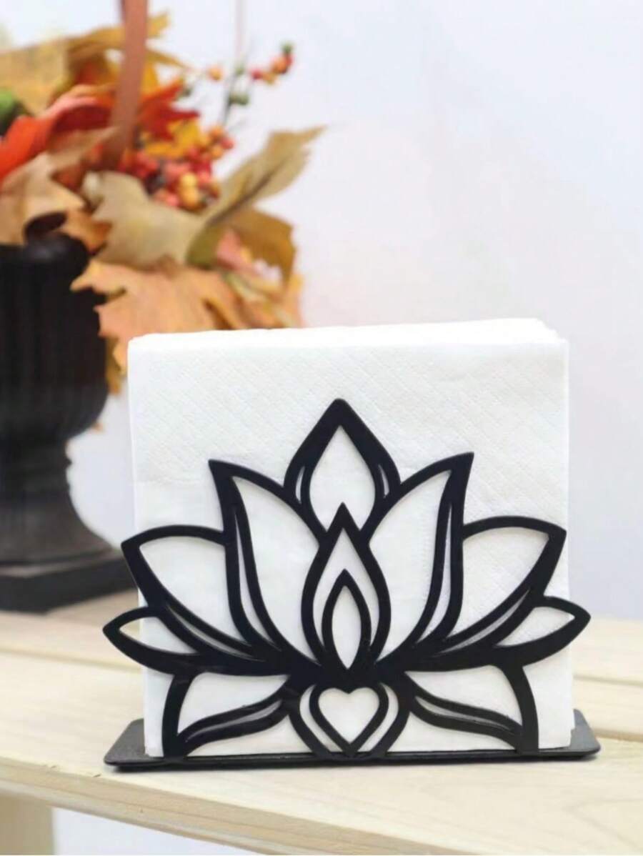 1pc Hollow Flower Design Tissue Box Holder, Stainless Steel Iron Tissue Paper Dispenser For Kitchen Countertop, Christmas Snowflake And Butterfly Pattern Tabletop Tissue Box Stand For Home, Kitchen, Dining Room, Party - Black - View 1