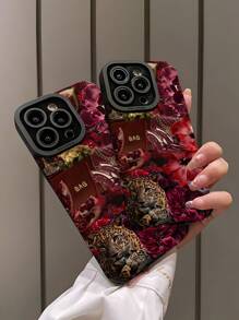 1pc Vintage Charming Purple Leopard & Flower High Heels Pattern Velvet Soft Protective Phone Case Compatible With Iphone & Samsung - Multicolor - View 3