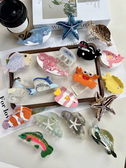 مشابك شعر جديدة من السلسلة البحرية من الأسيتات - دولفين وحوت وقنديل البحر مقاس كبير، اكسسوارات شعر مزينة، مشابك شعر، مشابك فك الشعر، مشابك فك الشعر، مشابك شعر، مشابك شعر للخريف والشتاء للملابس الصيفية والشاطئ للنساء