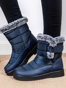 Botas de neve femininas com acabamento em pele quente de inverno, impermeáveis e antiderrapantes com botas de tornozelo grossas com forro térmico - Azul - Ver 2