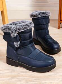 Botas de neve femininas com acabamento em pele quente de inverno, impermeáveis e antiderrapantes com botas de tornozelo grossas com forro térmico - Azul - Ver 4