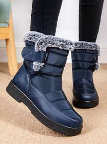Botas de neve femininas com acabamento em pele quente de inverno, impermeáveis e antiderrapantes com botas de tornozelo grossas com forro térmico - Azul - Ver 1