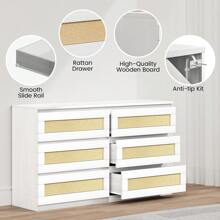 Modern Rattan Dresser With 6 Drawers - Wide Wooden Chest Of Drawers With Anti-Tip Kit For Bedroom, Living Room, And Hallway - trắng - Xem 4