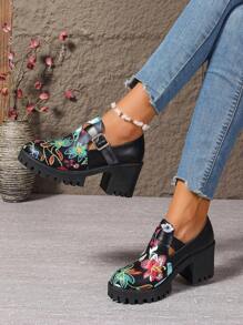 Women's Platform Mary Jane Shoes With Embroidered Strap , Roman Style - Black - View 4