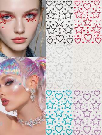 Love Pentagram Multiple Colors Glittery Stereo Gem Stickers Makeup Holiday Party Y2K Style Music Festival DIY Eyes Face Jewels Stickers Suitable For Dance Performances Parties And Stage Cosplay Wedding Fake Tattoos