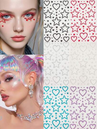 Love Pentagram Multiple Colors Glittery Stereo Gem Stickers Makeup Holiday Party Y2K Style Music Festival DIY Eyes Face Jewels Stickers Suitable For Dance Performances Parties And Stage Cosplay Wedding Fake Tattoos