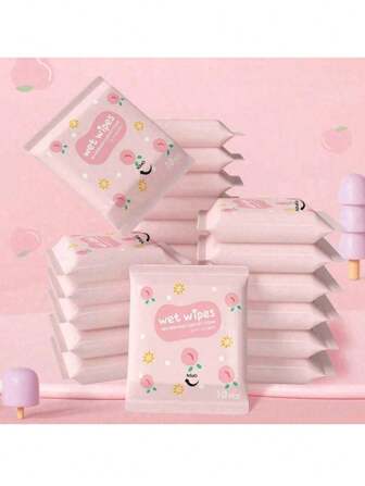 (1 Pack Of 10 Pcs) Peach Patterned Disposable Wet Wipes, Nonwoven Fabric Portable Wet Tissues For Everyday Item Cleaning