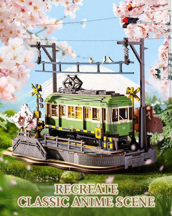 Robotime Rolife 3D Wooden Puzzles DIY Model Kits For Adults To Build Sakura Tram With LED Lights Home Decor Gift For Adults Women Teens