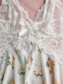 QING ROU 1 chiếc váy ngủ dây mảnh mát mẻ cho nữ, áo ngủ ren hoa nhỏ màu vàng nhẹ, váy ngủ mini dây mảnh dễ thương bằng lưới hoa màu vàng, cổ chữ V có nơ trang trí, thích hợp mặc ở nhà hàng ngày - trắng - Xem 6