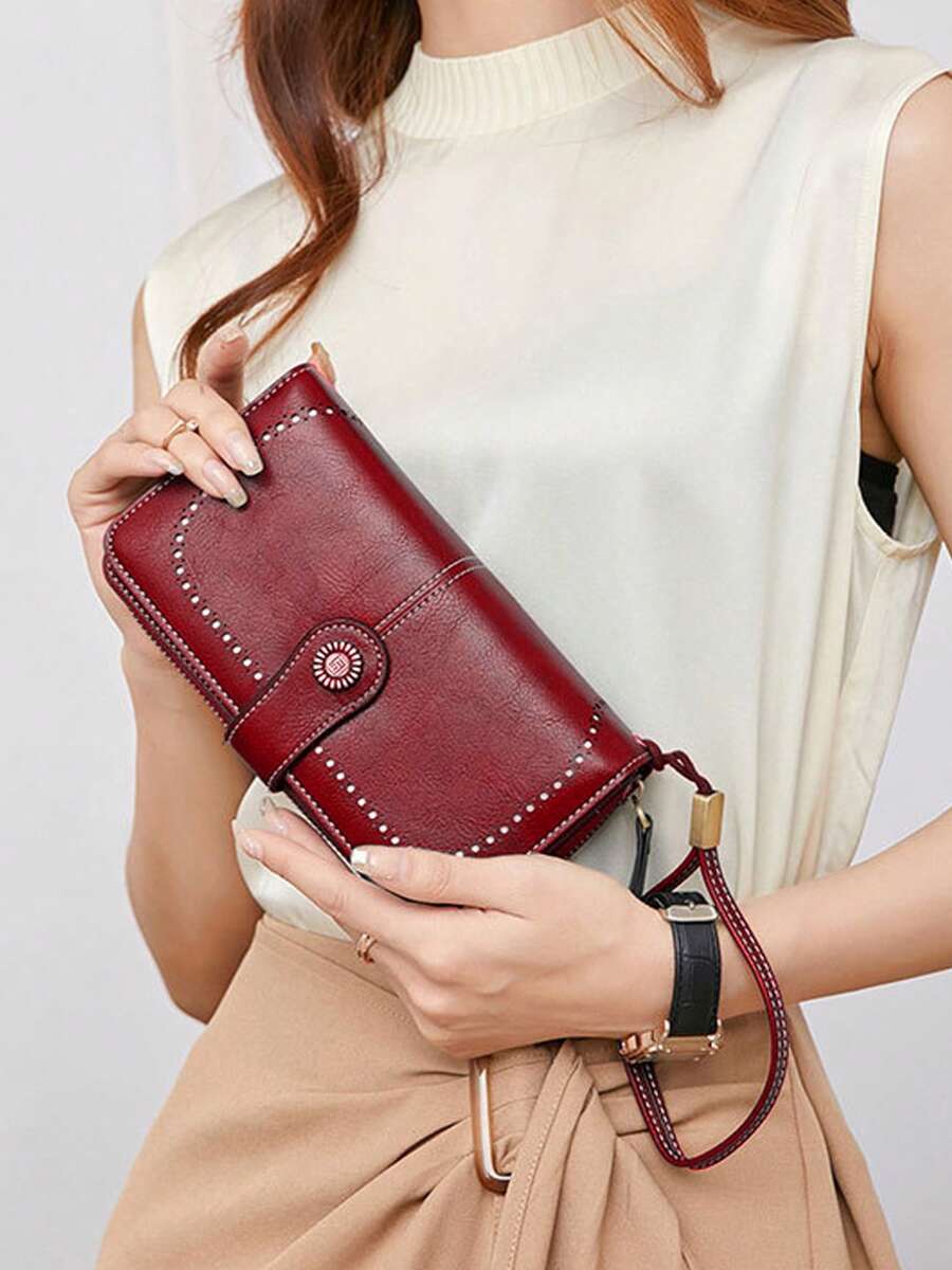 Billetera larga encerado para mujer cartera antimagnética RFID, cartera con cremallera larga, bolso de mano de gran capacidad europeo y americano - Rojo - Ver 1
