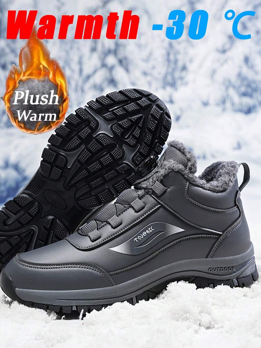 Botas de invierno para hombre, botas de tobillo color plateado, diseño de hebilla giratoria, forradas térmicamente y engrosadas, resistentes al frío, cálidas, antideslizantes, botas para la nieve - Gris - Ver 1
