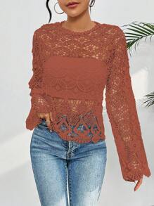 Summer Lace Blouse Gripir Round Princess Collar Long Flare Sleeve - 珊瑚橙 - 查看 4
