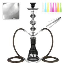 1 szt. Zestaw fajki wodnej z 2 wężami, szklana butelka w kwiaty, jednorazowe ustniki i folia aluminiowa