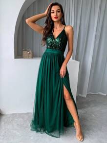 Vestido De Noche Largo De Tul Con Lentejuelas Y Escote En V - Verde - Ver 1
