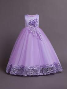 Tween Girls Solid Color Tulle 3D Floral Elegant Formal Dress, Suitable For Weddings And Parties, Excluding Headband - Màu tím - Xem 4