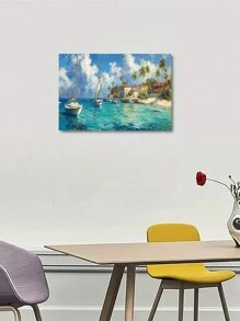 1 张带框帆布墙艺术海报，宁静的海岸风光，帆船和湛蓝的海水，实木框架，完美适合宁静的海滨风格空间，可直接悬挂 - 彩色 - 查看 5