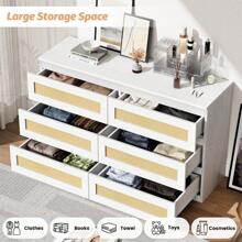 Modern Rattan Dresser With 6 Drawers - Wide Wooden Chest Of Drawers With Anti-Tip Kit For Bedroom, Living Room, And Hallway - trắng - Xem 2