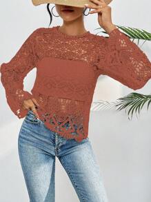 Summer Lace Blouse Gripir Round Princess Collar Long Flare Sleeve - 珊瑚橙 - 查看 2