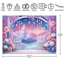 1 pieza Pancarta de fondo para fiesta con patrón de flores moradas, mariposas y nubes, 210 X 150cm / 150 X 100cm / 100 X 75cm, adecuado para baby shower, bautizo, decoración de mesa de pastel y fondo de estudio fotográfico - Multicolor - Ver 14