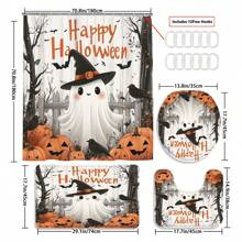Set de 1 pieza/4 piezas de cortinas de ducha con fantasmas de Halloween, valla de calabaza, decoración de cuervos para el baño, cortina de ducha impermeable con murciélagos, alfombra de baño, tapa del inodoro, alfombra en forma de U antideslizante, regalo de Halloween, decoración de otoño para el hogar, incluye 12 ganchos para cortina de ducha, 70,8"X 70,8" Verano - Multicolor - Ver 3