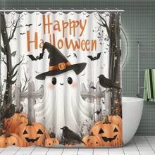 Set de 1 pieza/4 piezas de cortinas de ducha con fantasmas de Halloween, valla de calabaza, decoración de cuervos para el baño, cortina de ducha impermeable con murciélagos, alfombra de baño, tapa del inodoro, alfombra en forma de U antideslizante, regalo de Halloween, decoración de otoño para el hogar, incluye 12 ganchos para cortina de ducha, 70,8"X 70,8" Verano - Multicolor - Ver 2