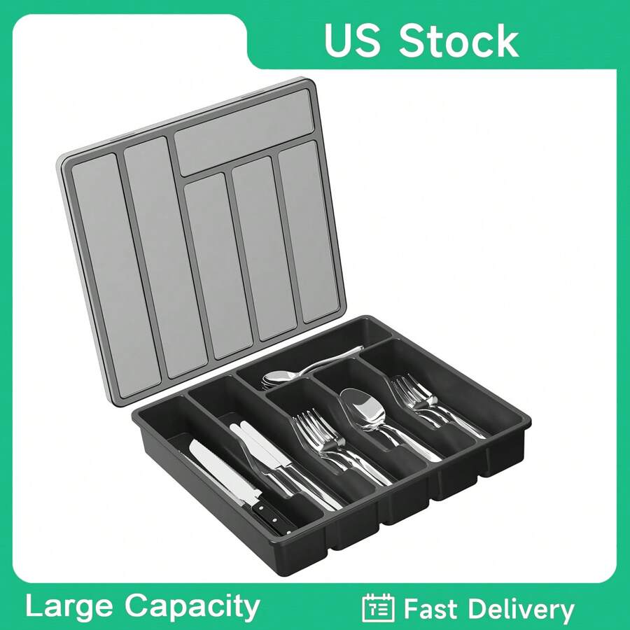Silverware Organizer With Lid, Covered Utensil Tray For Kitchen Drawer And Countertop, Utensil Organizer For Kitchen Drawers, Plastic Cutlery And Flatware Storage Box For Spoons Forks Knives Holder Case, 6 Compartments, Cooking Utensil Tray Kitchen Spatula Tools And Gadgets Storage Divider ﻿