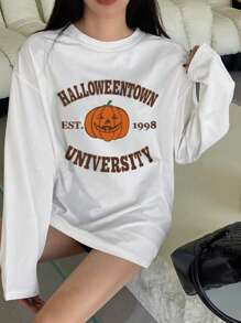 Women's Halloween Round Neck Knitted Simple Fashion T-Shirt, Fall - White - View 1