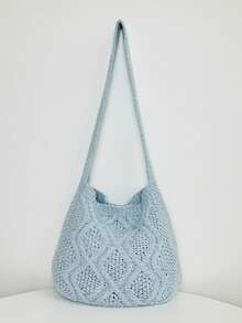 Women's Solid Color Simple Daily Crochet Shoulder Bag With Minimalist Floral Pattern - Baby Blue - View 1