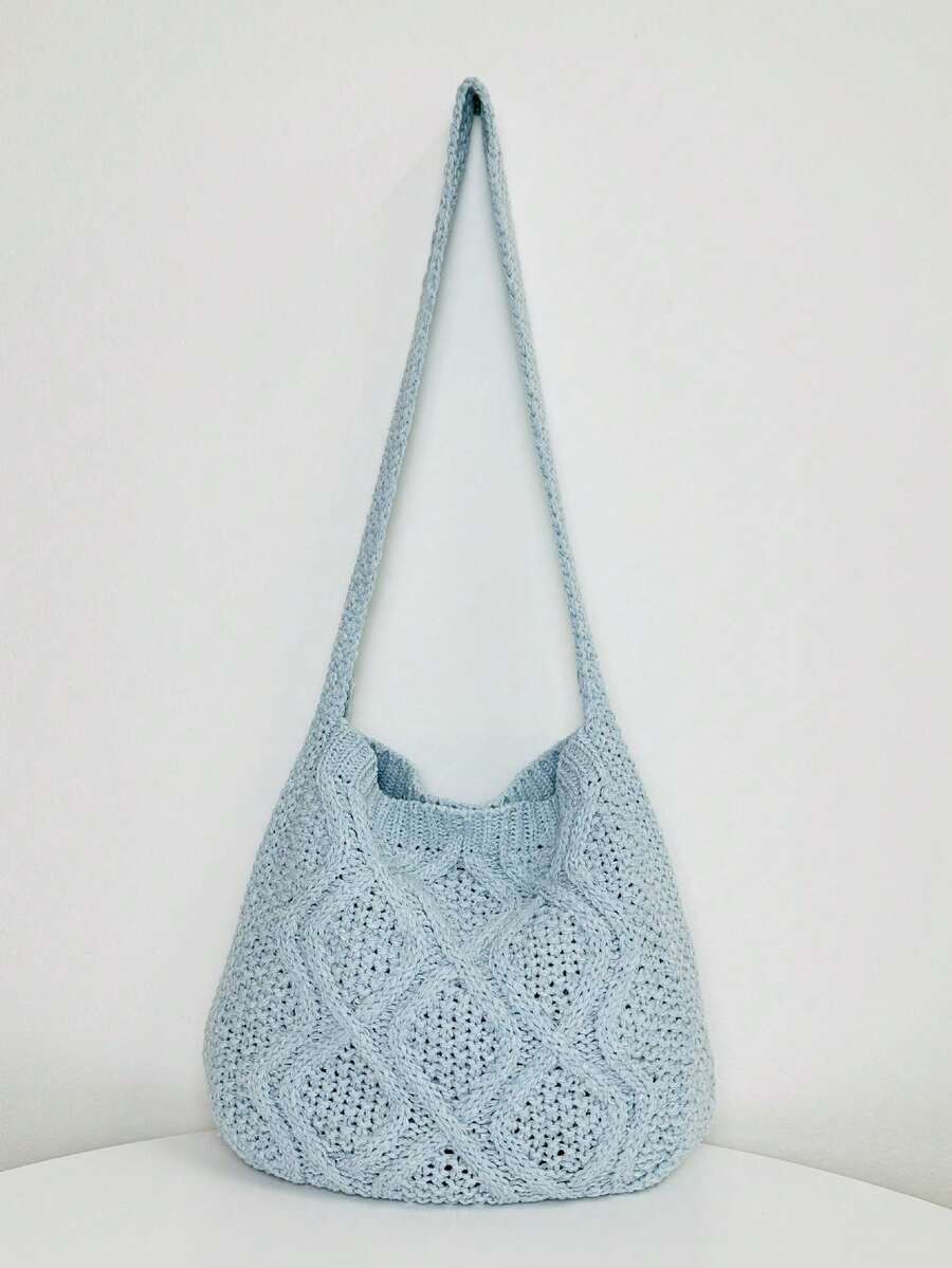 Women's Solid Color Simple Daily Crochet Shoulder Bag With Minimalist Floral Pattern - Baby Blue - View 1