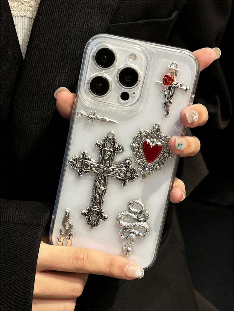 Junk Phone Case Apple Luxury Retro Gothic Cross Heart Flame Animal Snake Clear Phone Case Compatible With IPhone 16 15 14 13 12 11 Pro Max 14 15 Plus Transparent Shockproof Soft Back Cover - Trong sáng - Xem 1