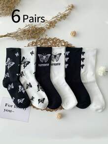 6 đôi tất cổ cao màu đen và trắng họa tiết bướm cho bé gái, tất dài đến bắp chân Ins Trendy Palms Angel, tất dài phong cách Nhật Bản dành cho trẻ em và thanh thiếu niên - Nhiều màu - Xem 1