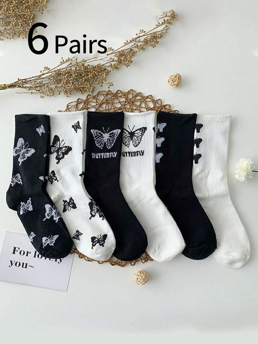 6 đôi tất cổ cao màu đen và trắng họa tiết bướm cho bé gái, tất dài đến bắp chân Ins Trendy Palms Angel, tất dài phong cách Nhật Bản dành cho trẻ em và thanh thiếu niên - Nhiều màu - Xem 1