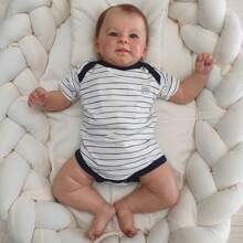 Navy Striped Short Sleeve Baby Bodysuit - 藏蓝色 - 查看 2