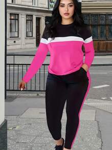 Women's Plus-Size Sportswear Tracksuit Solid Color Long-Sleeved Round-Neck Sweatshirt Long Sweatpants Warm, Sweat-Absorbing Fashion Slimming Tracksuit Essential In Autumn And Winter - Màu Hồng Tươi - Xem 1