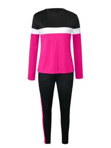 Women's Plus-Size Sportswear Tracksuit Solid Color Long-Sleeved Round-Neck Sweatshirt Long Sweatpants Warm, Sweat-Absorbing Fashion Slimming Tracksuit Essential In Autumn And Winter - Màu Hồng Tươi - Xem 2