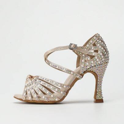 A Pair Of Apricot Hot Rhinestones And Pearl Diamonds Fashionable Satin High Heels Latin Dance Shoes Cha Cha Dance Shoes Ballroom Dance Shoes`